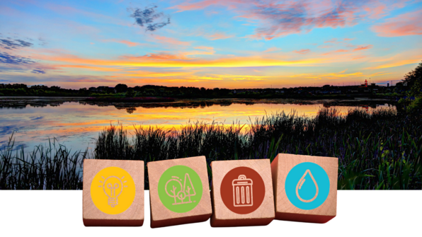 Four icons (lightbulb for energy, trees for landscape, garbage can for waste and raindrop for water)