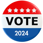 Red, white and blue "VOTE 2024" button