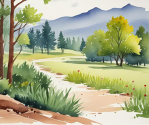 Watercolor painting of landscape showing grass, trees and a mountain in the background