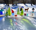 Fused glass winter village scene