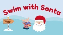 Swim With Santa graphic with images of Santa, reindeer in a pool