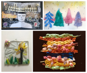 Collage of example art projects, including watercolor, weaving, collage and fused glass