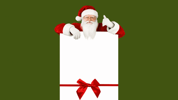 Santa standing over a gift box that says "Unique holiday gifts from the City of Eden Prairie"