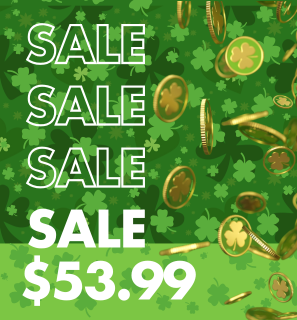 Sale $53.99 with background of green shamrocks