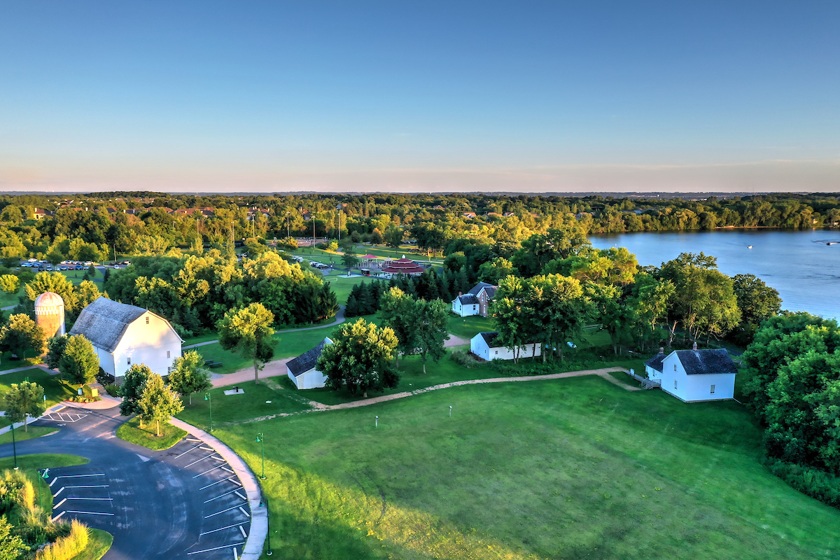 Aerial view of Riley-Jacques Barn and Riley Park