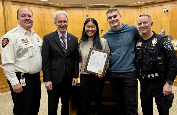 Fire Chief Scott Gerber, Mayor Ron Case, Sundari Saengdara, Rory Bakke, Deputy Police Chief Chris Wood