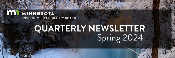 EQB Quarterly Newsletter, Spring 2024 banner with a background of a waterfall with some ice that's melting