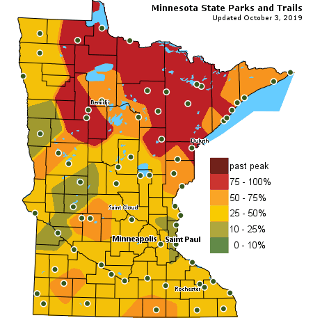 MN DNR map showing fall color throughout the state