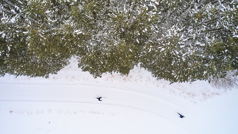 aerial shot of two cross-country skiers