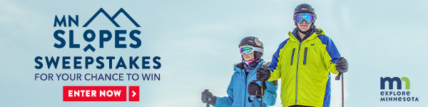 Two skiers look out towards the horizon, text reads 'Enter the MN Slopes Sweepstakes for your chance to win'
