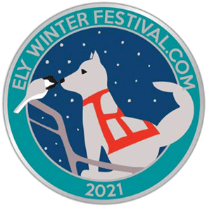 image of a sled dog and bird logo commemorating the Ely winter festival