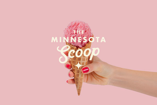 Woman's hand holding an ice cream cone with The Minnesota Scoop logo