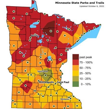 Map showing the change in fall color throughout the state