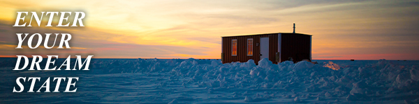 an ad to learn about ice fishing with an image of an ice house on a lake