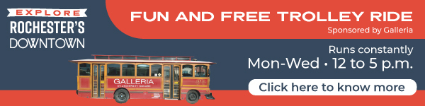 An ad to use Rochester's free downtown Trolley running Mondays through Wednesdays