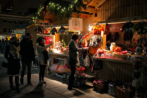 an image of the European Christmas Market at night at Union Depot in St. Paul