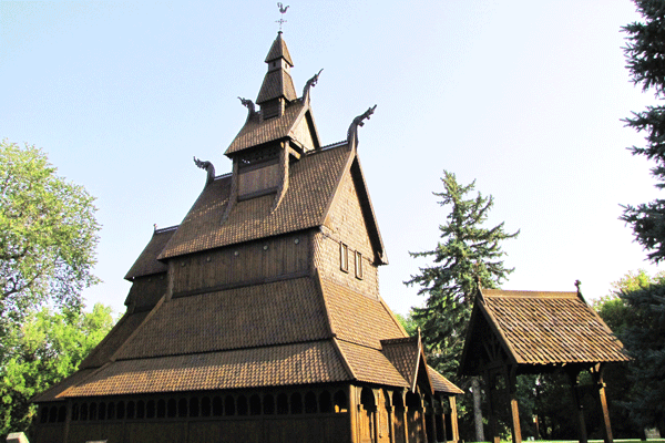 an image of the Hopperstad Stave Church replica at the Hjemkomst Center in Moorhead