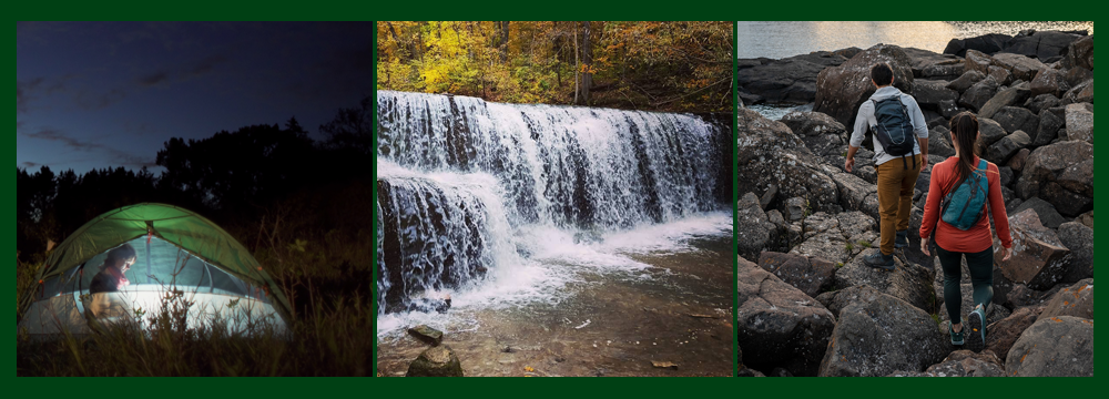 Camera Roll: person camping at night in green tent | a small waterfall with fall trees | two people hiking over rocks with water in the background