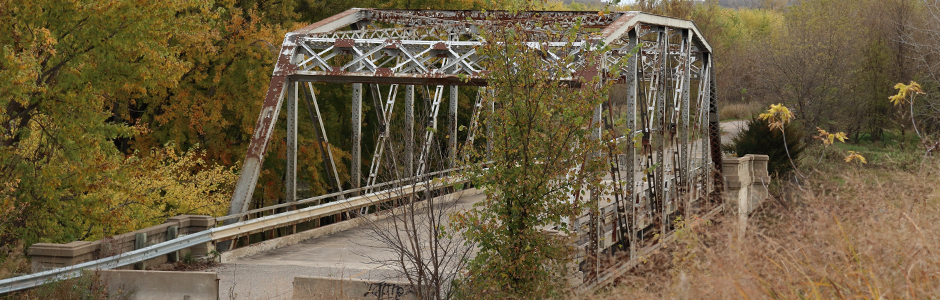 an metal walking bridge rests on red and orange grassy meadows, towering fall trees are in the distance