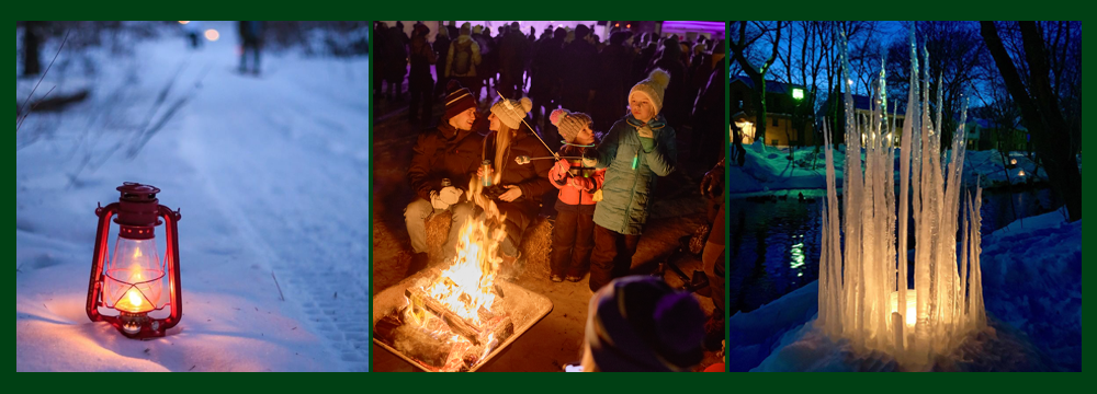 3 images on a camera roll: a red lantern in snow at dusk, a group roasting marshmallows by a warm campfire, a tower of icicles around a luminary 