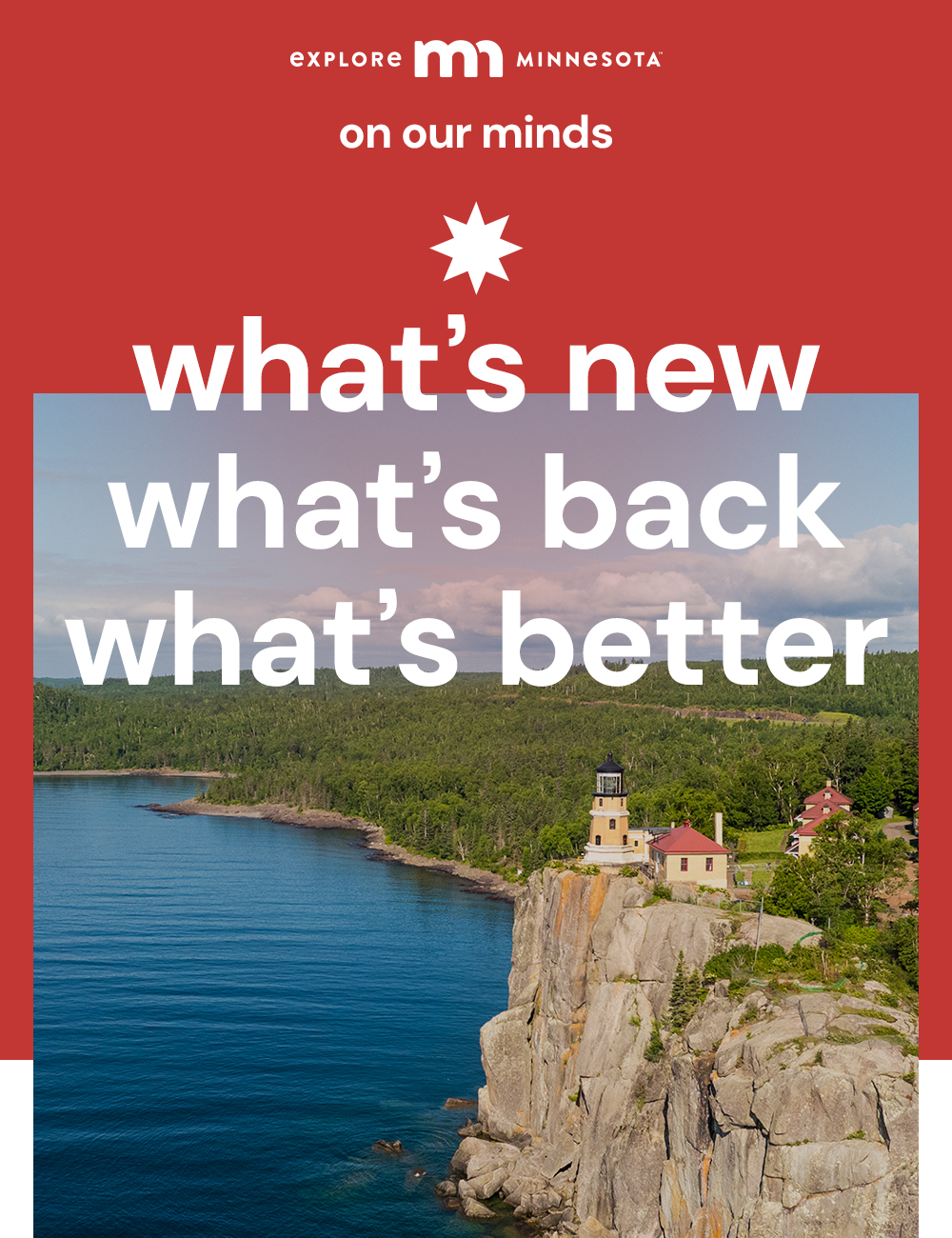 explore minnesota | on our minds | what's new, what's back, what's better | aerial view of split rock lighthouse on the edge of the north shore cliffs