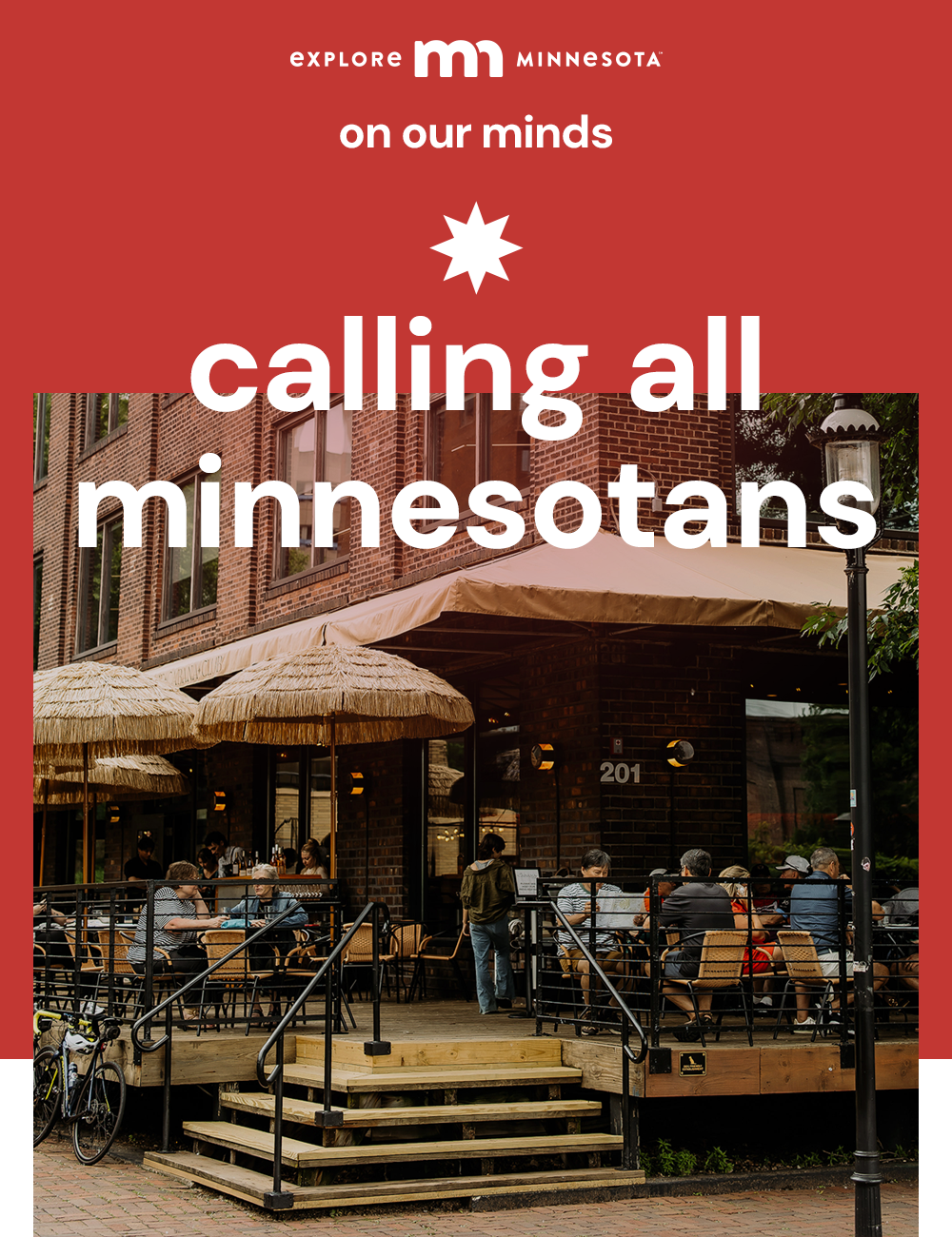 explore minnesota | on our minds | calling all minnesotans | busy restaurant patio filled with tables of two to four people under a tan awning.