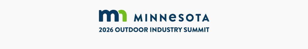ORIP Summit logo: a navy "m", a lime green "n" at the top. "minnesota 2026 outdoor industry summit" in navy to right of brand mark.