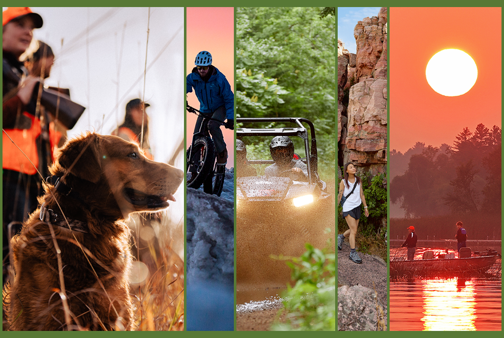 Collage: hunting dog and people in orange vests | person fat biking on a cliff | mud spraying on ATV | hiking Pipestone | fishing at sunset