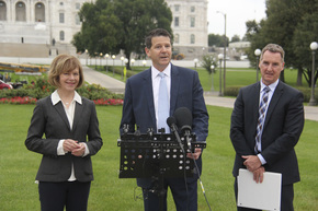 Lt. Governor Smith, Commissioner Massman, and Chris Clarke announce a new energy partnership at the Capitol