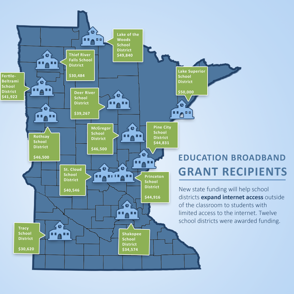 Map of the 12 school districts who will receive education broadband funding in Minnesota