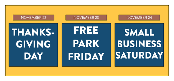 A graphic showing the upcoming days, Thanksgiving, Free Park Friday, and Small Business Saturday.