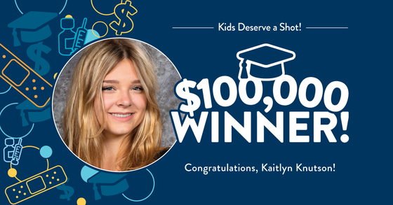 A graphic announcing the winner of the first $100,000 scholarship for getting vaccinated.