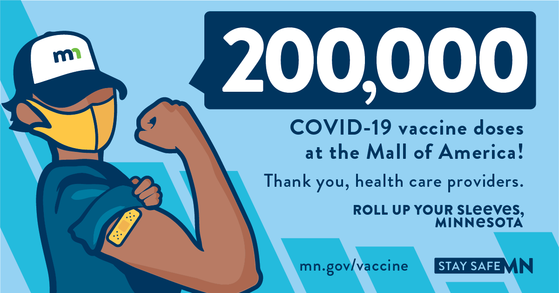 Graphic celebrating the 200,000th COVID vaccine dose at the Mall of America.