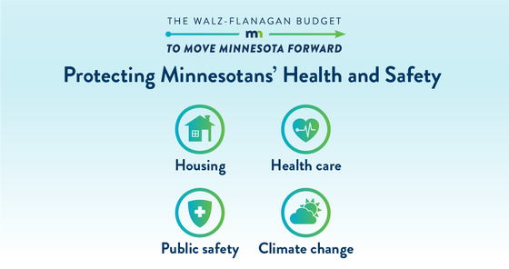 Graphic of the health and safety portion of The Walz-Flanagan Budget to Move Minnesota Forward.