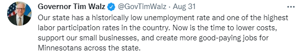 Tweet from Governor Walz