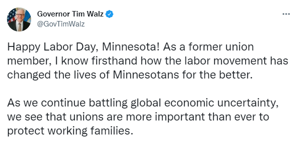 labor day tweet from Governor Walz 