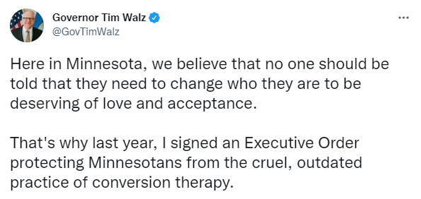 Governor Walz's tweet on banning conversion therapy 