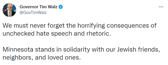 Governor Walz tweet on solidarity with the Jewish community 