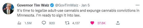 Governor Walz tweet on adult-use cannabis 