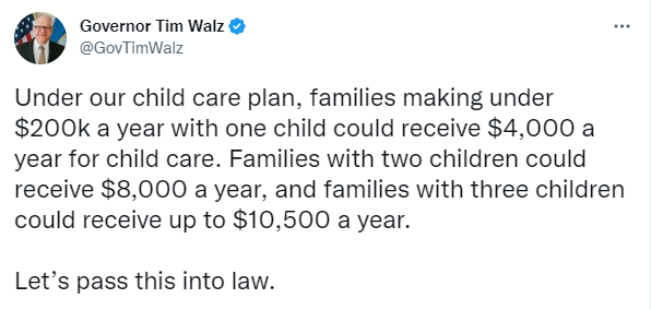 Tweet on the Governor's child care tax plan 