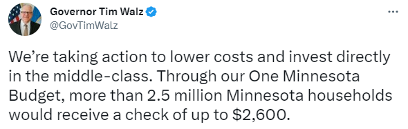 Gov Tweet on Walz Checks 