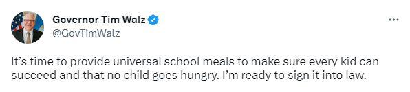 Governor Walz tweet on universal meals