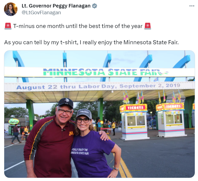 Lieutenant Governor Flanagan tweet about the MN State Fair