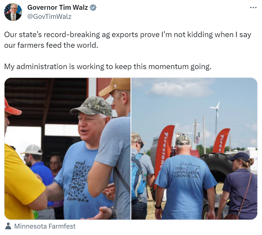Governor Walz Tweet about record-breaking ag exports