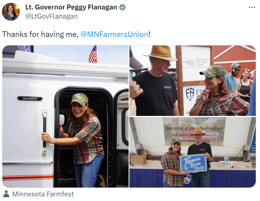Tweet from Lieutenant Governor Flanagan at Minnesota Farm Fest