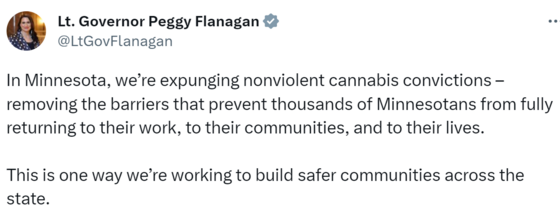 Tweet from Lieutenant Governor Flanagan about expunging nonviolent cannabis convictions