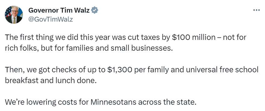 Governor Walz tweet: "We?re lowering costs for Minnesotans across the state."