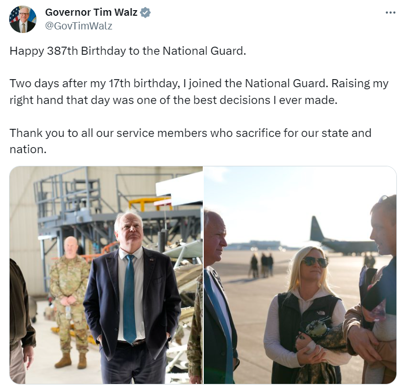 Governor Walz celebrates the National Guard's 387th Birthday on Twitter.