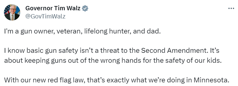 Governor Walz tweets about new red flag laws for firearms.