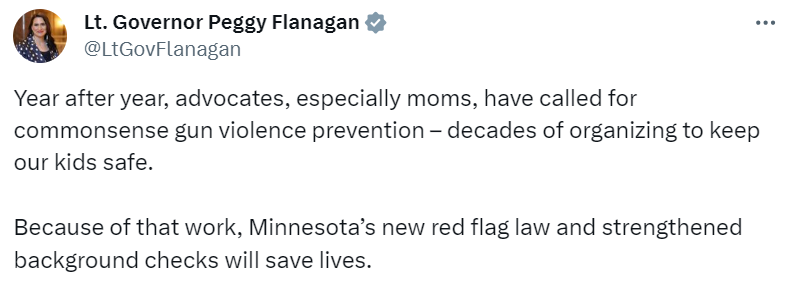 Lieutenant Governor Flanagan tweets about red flag laws for firearms.